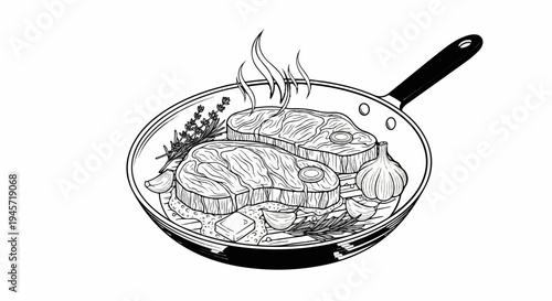 Two steaks sizzling in a pan with garlic and herbs