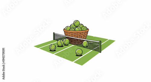 Tennis court with net, basket of balls, and balls scattered on the court