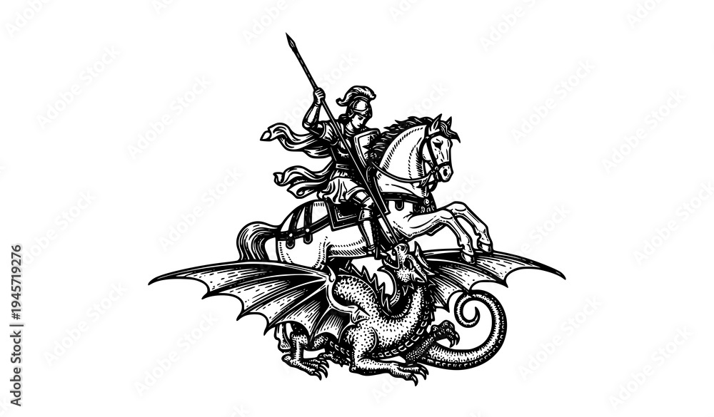Obraz premium Saint George killing dragon medieval woodcut engraving vector knight legend illustration