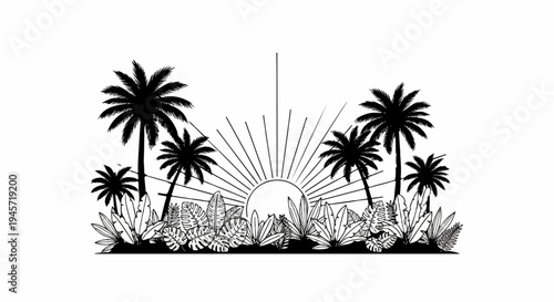 Tropical jungle scene with palm trees and radiating sun