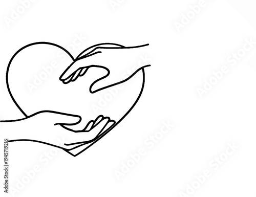 Two hands reaching for and supporting a heart shape with a clean, simple outline