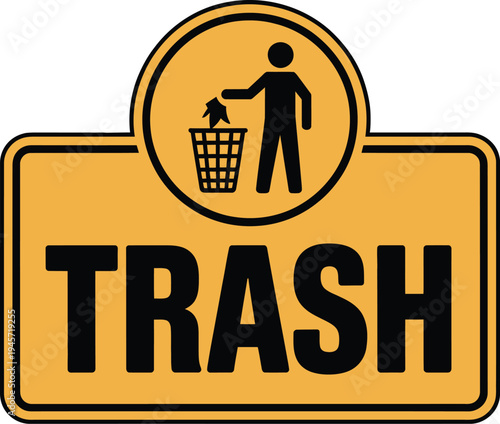 A yellow sign with a black icon and text indicating where to throw trash