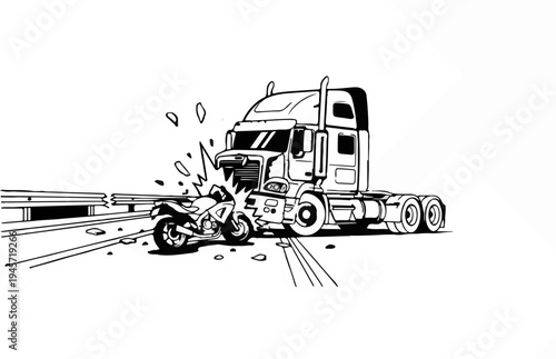 Truck and motorcycle collision on road with debris scattered