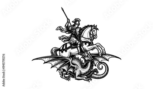 Saint George killing dragon medieval woodcut engraving vector knight legend illustration