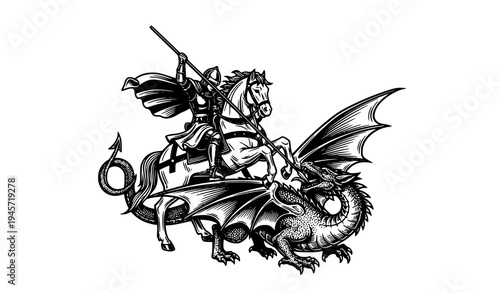Saint George slaying the dragon vintage woodcut style vector medieval knight engraving illustration
