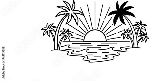 Tropical sunset with palm trees and ocean waves