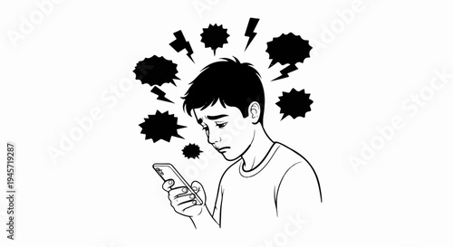 Troubled boy looks at phone amidst chaotic, negative thoughts and online noise