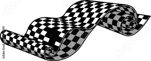 Wavy, rolled scroll with checkered pattern, black and white tiles