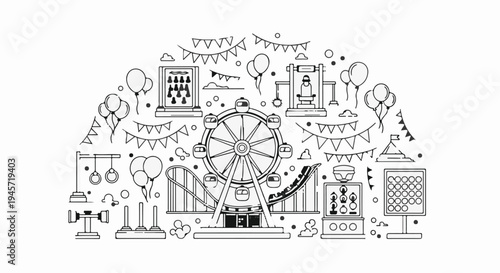 Whimsical amusement park illustration with Ferris wheel, roller coaster, and games