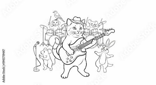 Whimsical animals form a band, with a cat playing guitar, a mouse singing, a dog drumming, and a rabbit dancing