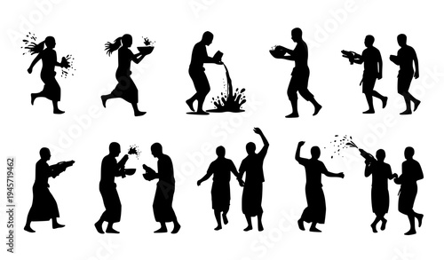People celebrating Songkran festival silhouette collection water splash activities Southeast Asia new year vector set