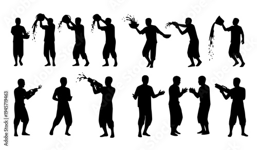 Songkran water festival people activity silhouette set Thailand Laos Myanmar Cambodia new year celebration vector