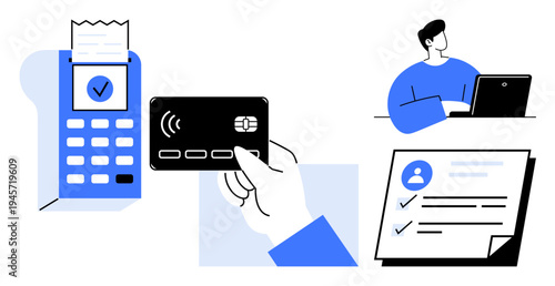 Payment terminal processing wireless card, hand holding card, user profile form, person on laptop. Ideal for digital payment, online banking, security, e-commerce, data management customer support