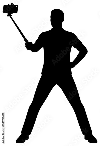Selfie silhouette man taking photo with smartphone on stick standing pose vector illustration