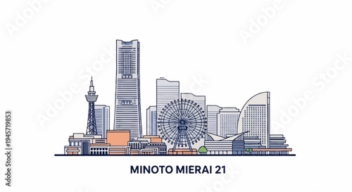 Stylized urban skyline with prominent Ferris wheel and tall buildings