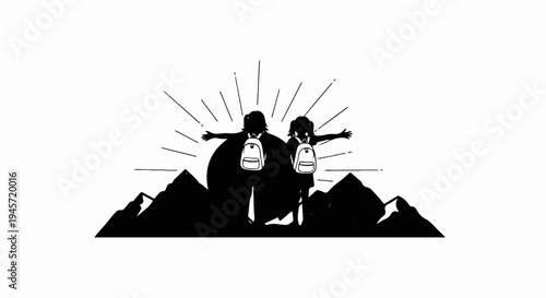 Two hikers with backpacks and arms outstretched in front of mountains and sunburst