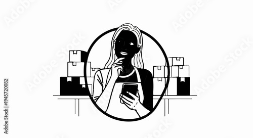 Thoughtful female worker in apron with phone, surrounded by stacked boxes