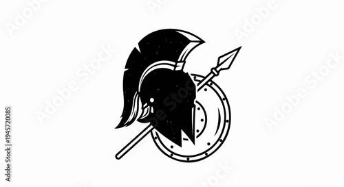 Stylized Spartan helmet, shield, and spear
