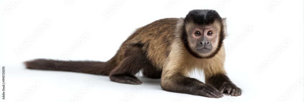Fototapeta premium Capuchin monkey lying relaxed on white studio backdrop