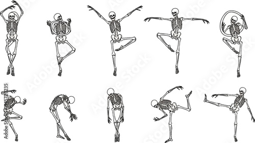 Ten skeletal figures performing various ballet-like poses and dance movements