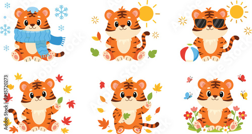 Cute Baby Tiger Seasonal Clipart Set with Winter Scarf, Summer Beach, Autumn Leaves and Spring Flowers Cartoon Tiger Cubs