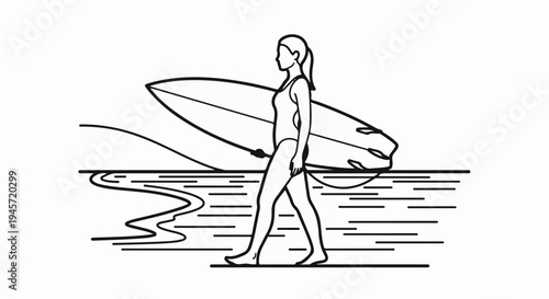 Woman in swimsuit walks along the shore carrying a surfboard