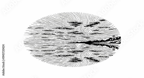 Stylized sun and clouds over water reflecting a distant shore with trees