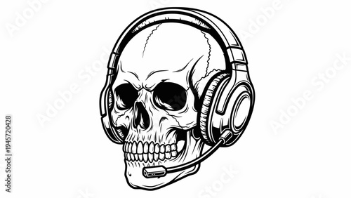 Skull with Headphones and Microphone, Gaming, Music, Dark Art