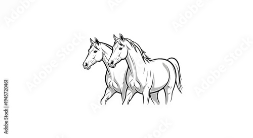 Two horses in a line, side profile, sketched outline, dynamic pose