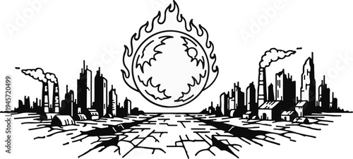 Stylized sun engulfed in flames over a cracked urban landscape with smokestacks