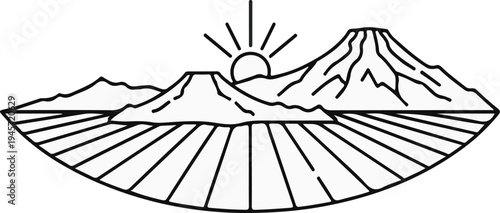 Stylized sun rises over mountains and agricultural fields