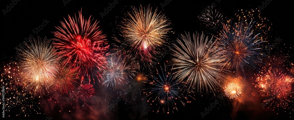 Fototapeta premium The Fireworks Exploding Over A Dark Night Sky Creating Colorful Festive Light Display
