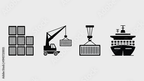 A collection of maritime logistics and shipping port silhouette icons.
