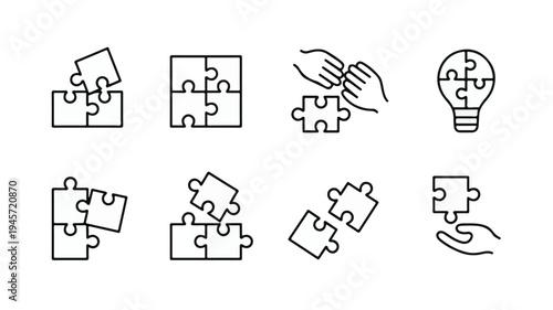 A set of eight black and white minimalistic puzzle pieces illustrations