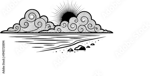 Stylized sun rising over swirling clouds above a serene sea and rocky shore