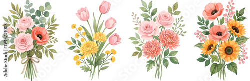 Elegant pastel floral bouquet collection with roses tulips chrysanthemums and sunflowers hand drawn botanical wedding spring flowers vector illustration set