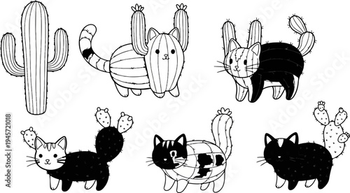 Whimsical cartoon cacti and cats, some in black and white