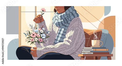 Cozy Woman with Flower Bouquet and Coffee by Window