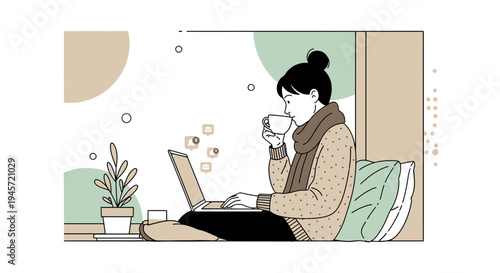 Cozy Woman Working on Laptop, Drinking Coffee by Window