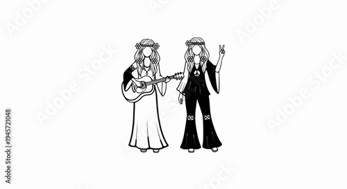 Two women in flower crowns and bell bottoms, one playing a guitar