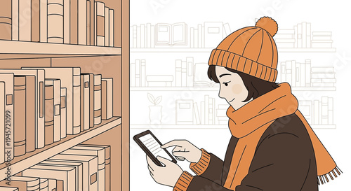 Cozy Young Woman Reading Ebook in Bookstore with Shelves of Books