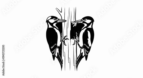 Two woodpeckers clinging to a tree trunk, one holding a sprig of leaves