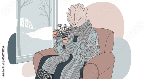 Cozy Winter Scene: Person with Flower Head in Armchair by Window