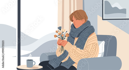 Cozy Winter Scene: Person with Flowers and Coffee by Window