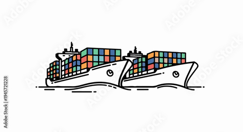 Two cargo ships laden with colorful containers sail on blue water