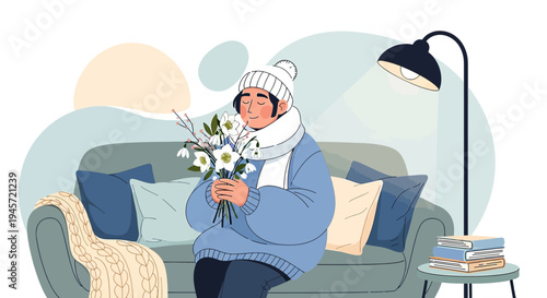 Cozy Winter Scene: Person with Flowers on Sofa, Warm Indoor Ambiance