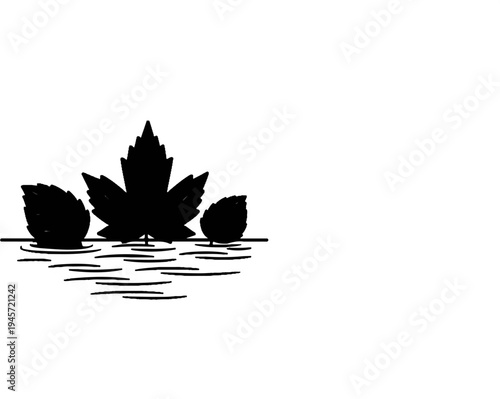 Three black leaves floating on water