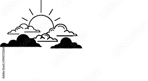 Stylized sun with rays peeking through abstract, layered clouds