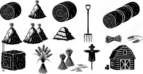 Solid black silhouettes of hay bales and farm harvest elements, minimalist rural agriculture and farming vector illustration isolated on white.