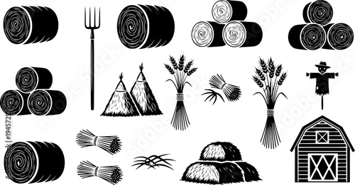 Solid black silhouettes of hay bales and farm harvest elements, minimalist rural agriculture and farming vector illustration isolated on white.